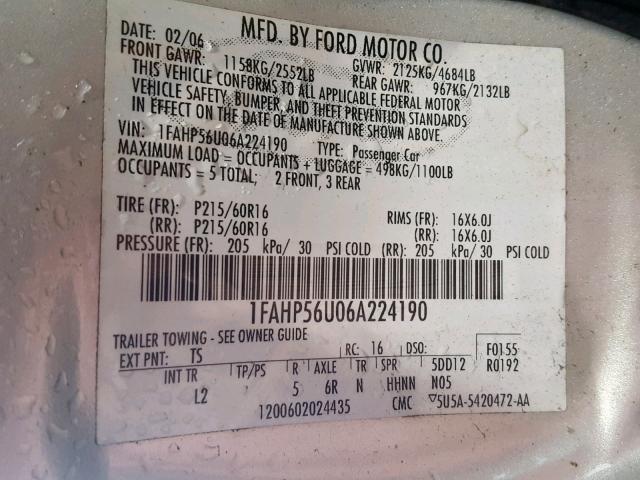 1FAHP56U06A224190 - 2006 FORD TAURUS SEL SILVER photo 10