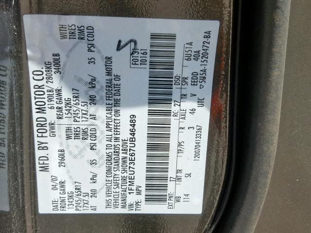 1FMEU73E67UB46489 - 2007 FORD EXPLORER X GRAY photo 10