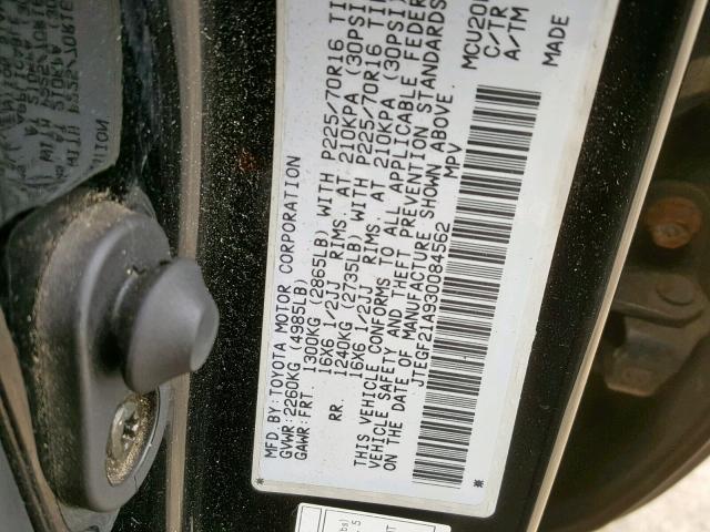 JTEGF21A930084562 - 2003 TOYOTA HIGHLANDER BLACK photo 10