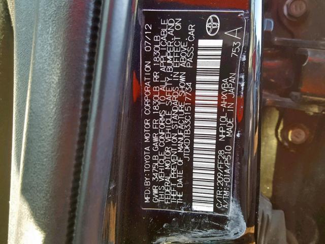 JTDKDTB33C1517734 - 2012 TOYOTA PRIUS C BLACK photo 10