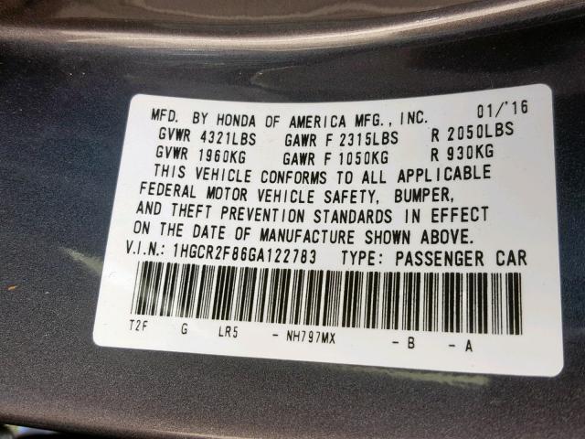 1HGCR2F86GA122783 - 2016 HONDA ACCORD EXL GRAY photo 10