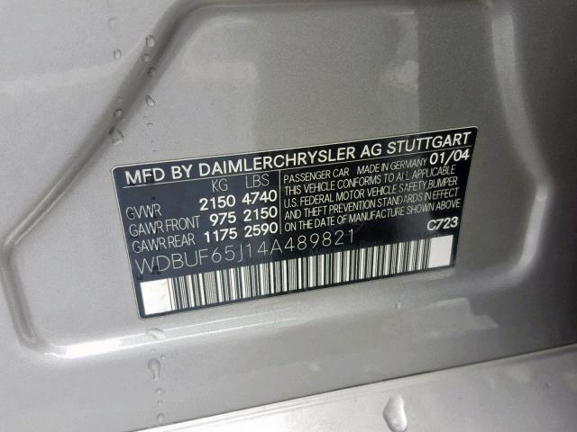 WDBUF65J14A489821 - 2004 MERCEDES-BENZ E 320 SILVER photo 10