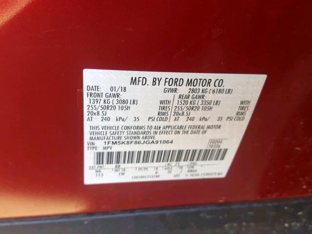 1FM5K8F86JGA91064 - 2018 FORD EXPLORER L RED photo 10