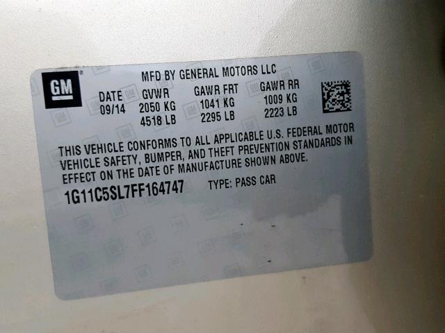 1G11C5SL7FF164747 - 2015 CHEVROLET MALIBU 1LT 米色 照片 10