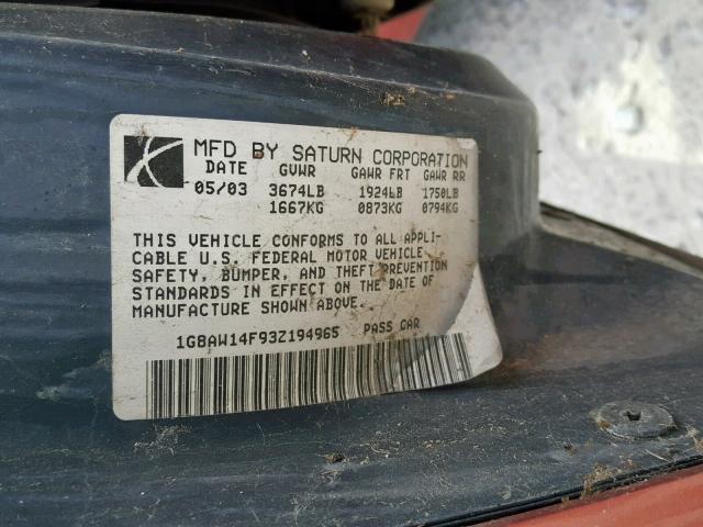 1G8AW14F93Z194965 - 2003 SATURN ION LEVEL ORANGE photo 10
