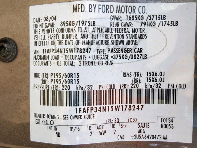 1FAFP34N15W178247 - 2005 FORD FOCUS ZX4 GRAY photo 10
