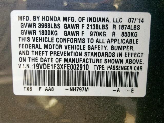 19VDE1F3XFE002910 - 2015 ACURA ILX 20 GRAY photo 10