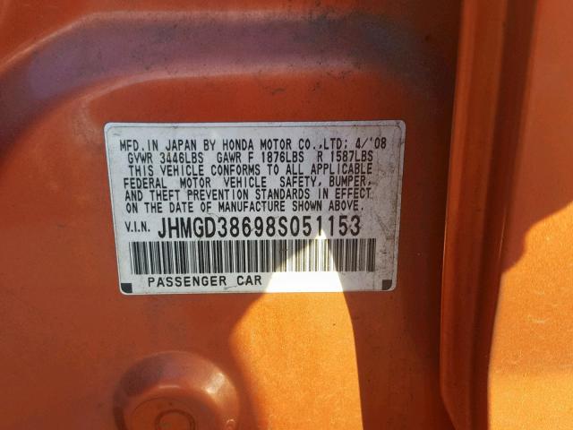 JHMGD38698S051153 - 2008 HONDA FIT SPORT ORANGE photo 10