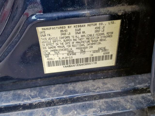 1N4BA41E54C855116 - 2004 NISSAN MAXIMA SE BLUE photo 10