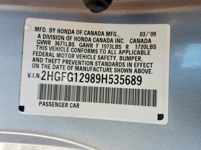 2HGFG12989H535689 - 2009 HONDA CIVIC EXL SILVER photo 10