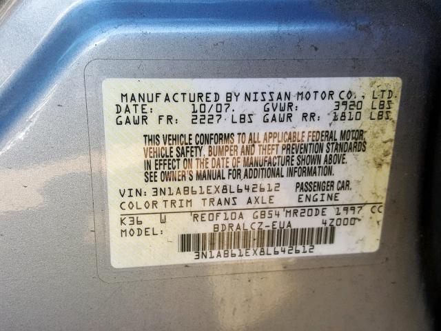 3N1AB61EX8L642612 - 2008 NISSAN SENTRA 2.0 SILVER photo 10