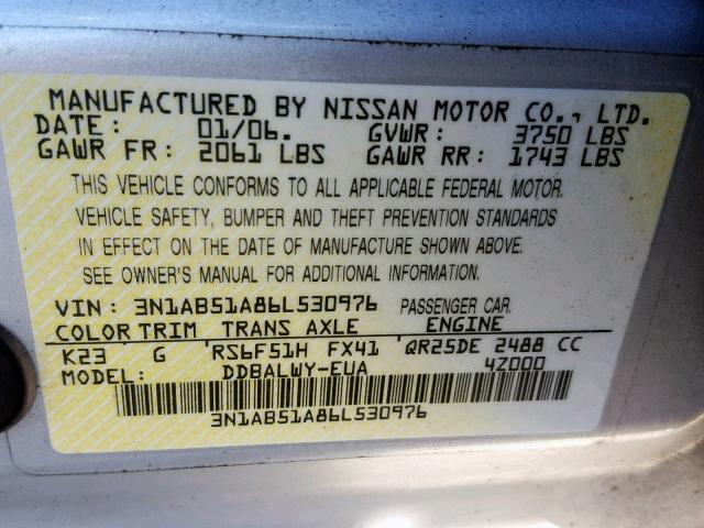 3N1AB51A86L530976 - 2006 NISSAN SENTRA SE- SILVER photo 10