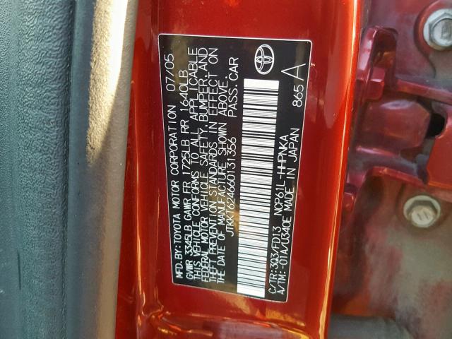 JTKKT624660131356 - 2006 TOYOTA SCION XA BURGUNDY photo 10