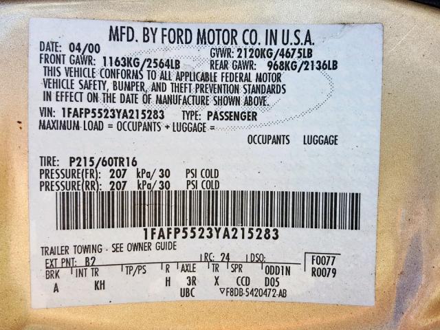 1FAFP5523YA215283 - 2000 FORD TAURUS SES GOLD photo 10