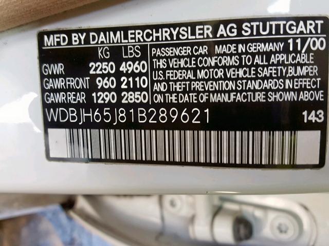 WDBJH65J81B289621 - 2001 MERCEDES-BENZ E 320 WHITE photo 10