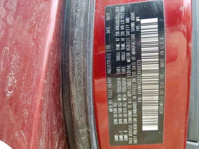 4S4WX9GD2C4400329 - 2012 SUBARU TRIBECA LI RED photo 10