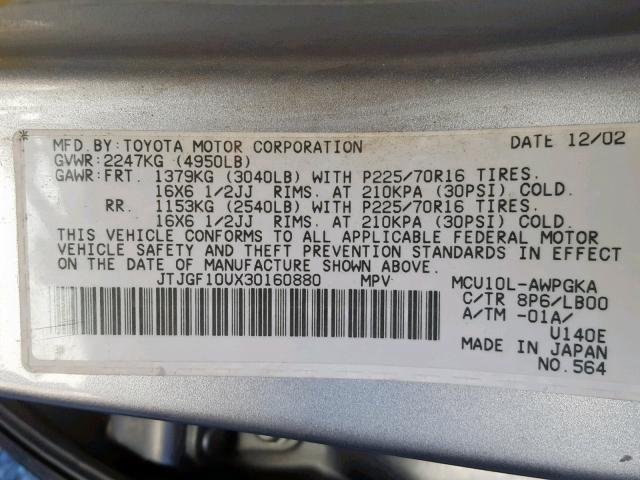 JTJGF10UX30160880 - 2003 LEXUS RX 300 GRAY photo 10