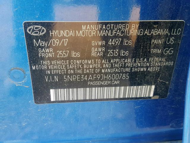 5NPE34AF9JH600785 - 2018 HYUNDAI SONATA SPO BLUE photo 10