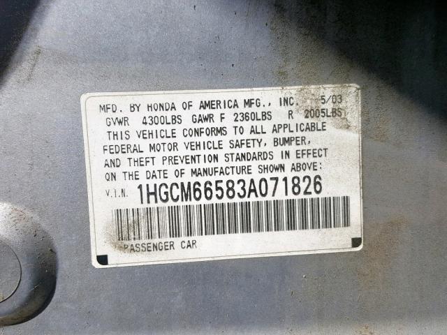 1HGCM66583A071826 - 2003 HONDA ACCORD SILVER photo 10