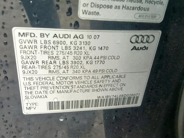 WA1BV74L08D026071 - 2008 AUDI Q7 4.2 QUA BLUE photo 10