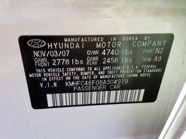 KMHFC46F08A304919 - 2008 HYUNDAI AZERA SE WHITE photo 10