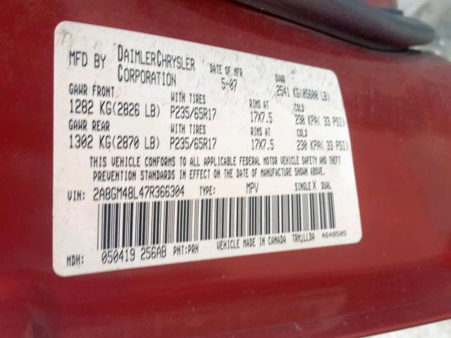 2A8GM48L47R366304 - 2007 CHRYSLER PACIFICA RED photo 10