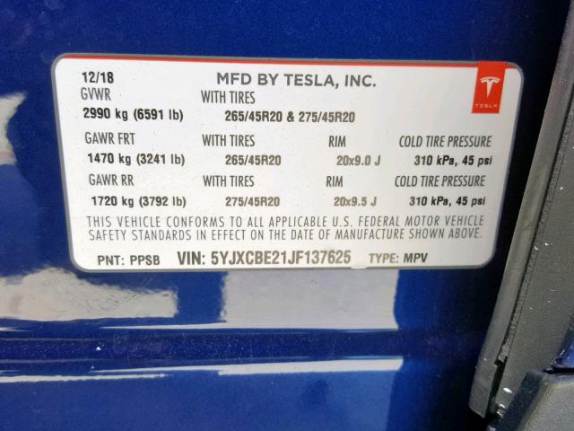 5YJXCBE21JF137625 - 2018 TESLA MODEL X BLUE photo 10