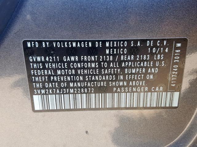 3VW2K7AJ3FM228872 - 2015 VOLKSWAGEN JETTA BASE Գրաֆիտ լուսանկար 10