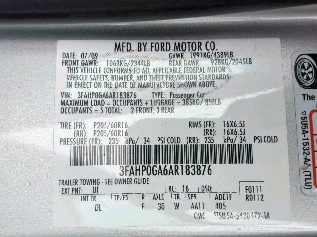 3FAHP0GA6AR183876 - 2010 FORD FUSION S SILVER photo 10