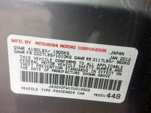 JA32V2FW1CU019928 - 2012 MITSUBISHI LANCER SE GRAY photo 10