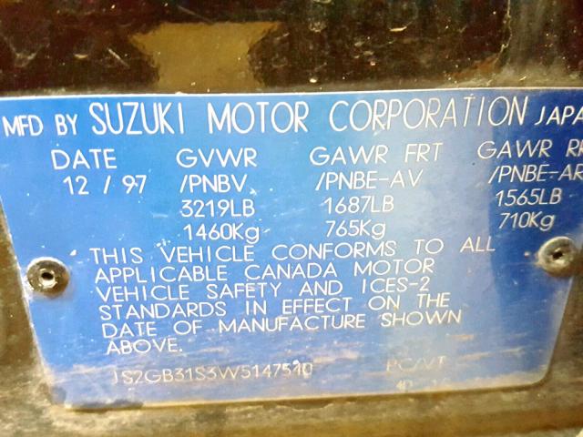 JS2GB31S3W5147540 - 1998 SUZUKI ESTEEM GL BLACK photo 10