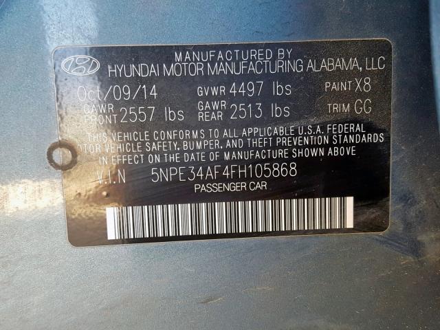 5NPE34AF4FH105868 - 2015 HYUNDAI SONATA SPO BLUE photo 10