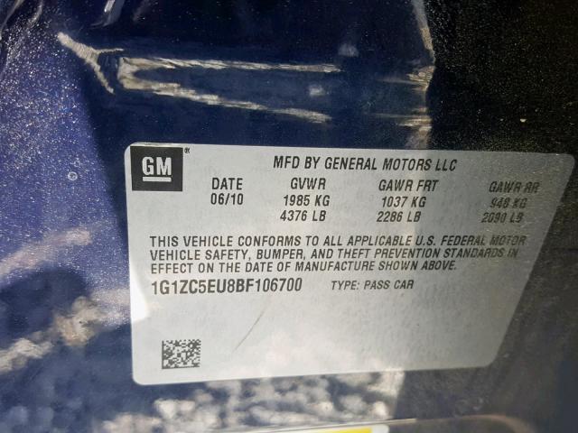 1G1ZC5EU8BF106700 - 2011 CHEVROLET MALIBU 1LT 蓝色 照片 10