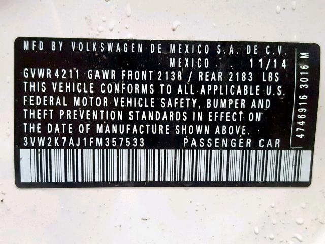 3VW2K7AJ1FM357533 - 2015 VOLKSWAGEN JETTA BASE WHITE photo 10