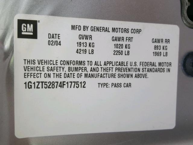 1G1ZT52874F177512 - 2004 CHEVROLET MALIBU LS GRAY photo 10