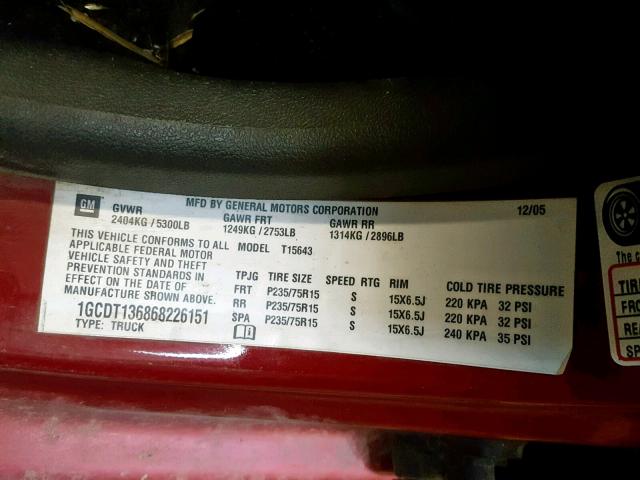 1GCDT136868226151 - 2006 CHEVROLET COLORADO RED photo 10