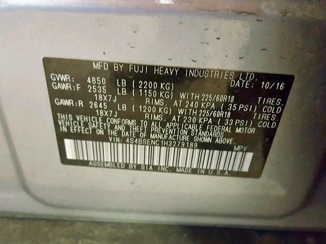 4S4BSENC1H3279189 - 2017 SUBARU OUTBACK 3. SILVER photo 10