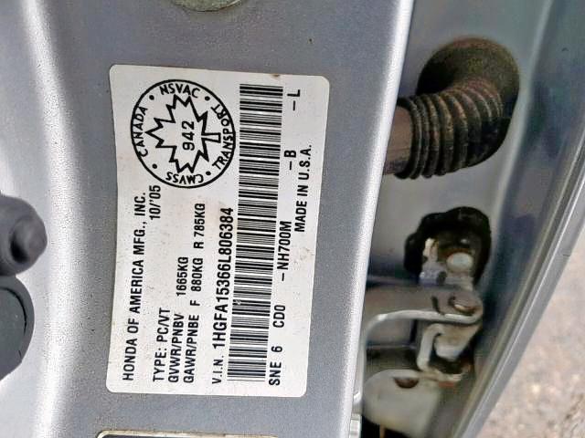 1HGFA15366L806384 - 2006 HONDA CIVIC DX SILVER photo 9