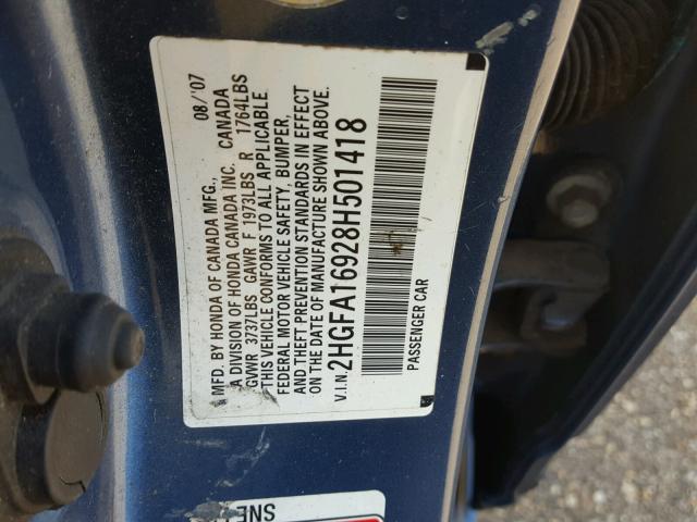 2HGFA16928H501418 - 2008 HONDA CIVIC EXL BLUE photo 10