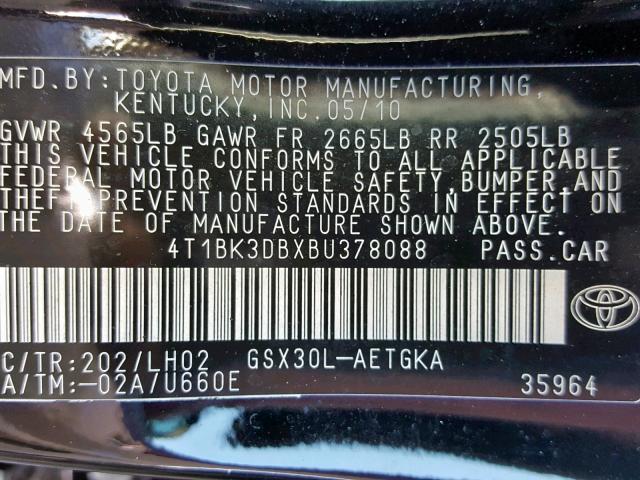 4T1BK3DBXBU378088 - 2011 TOYOTA AVALON BAS BLACK photo 10