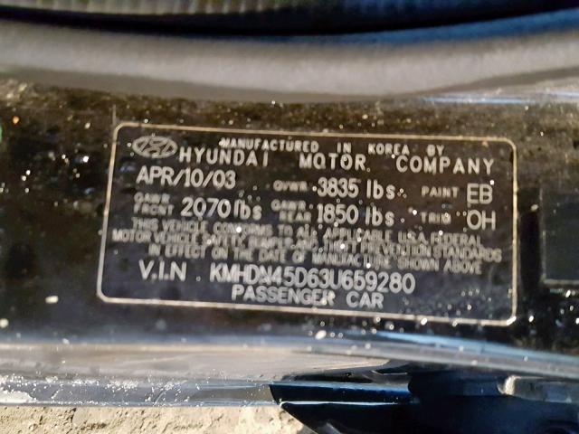 KMHDN45D63U659280 - 2003 HYUNDAI ELANTRA GL BLACK photo 10