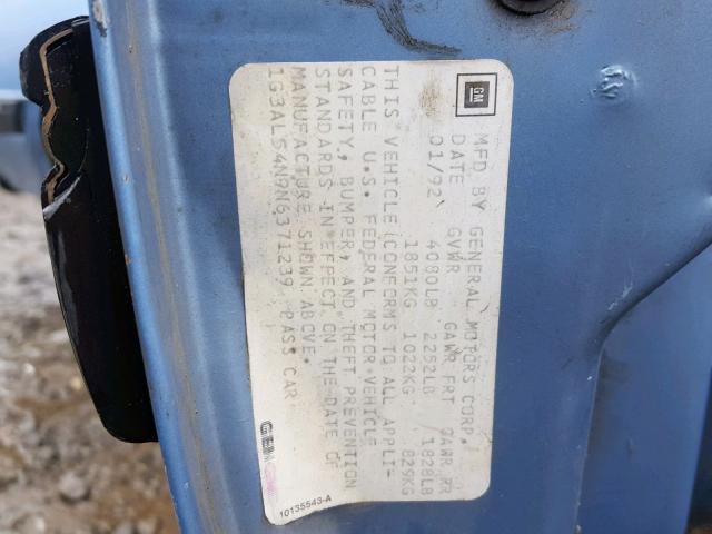 1G3AL54N9N6371239 - 1992 OLDSMOBILE CUTLASS CI BLUE photo 10