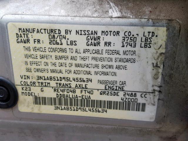 3N1AB51D95L455634 - 2005 NISSAN SENTRA SE- SILVER photo 10