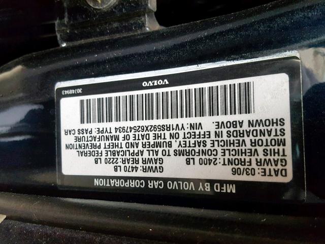 YV1RS592X62547934 - 2006 VOLVO S60 2.5T BLUE photo 10