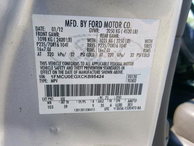 1FMCU0EGXCKB95424 - 2012 FORD ESCAPE LIM SILVER photo 10