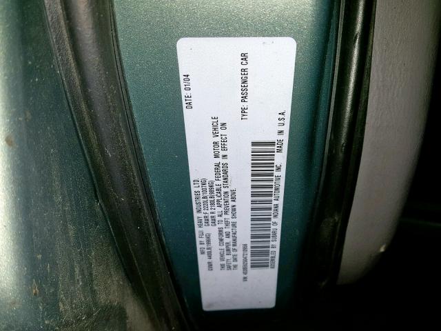 4S3BE625047210956 - 2004 SUBARU LEGACY L S GREEN photo 10