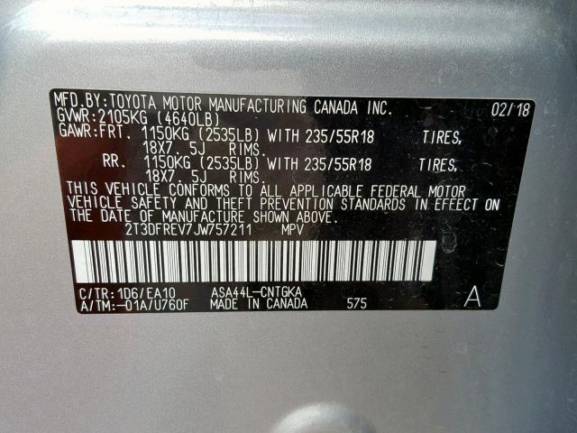 2T3DFREV7JW757211 - 2018 TOYOTA RAV4 LIMIT SILVER photo 10