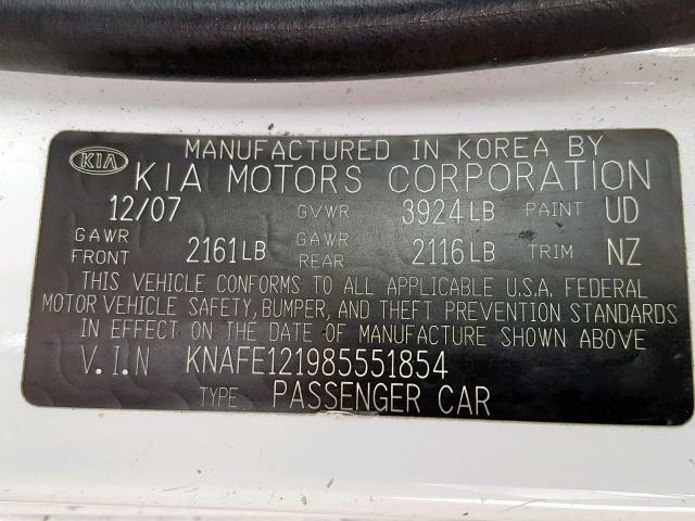 KNAFE121985551854 - 2008 KIA SPECTRA EX WHITE photo 10