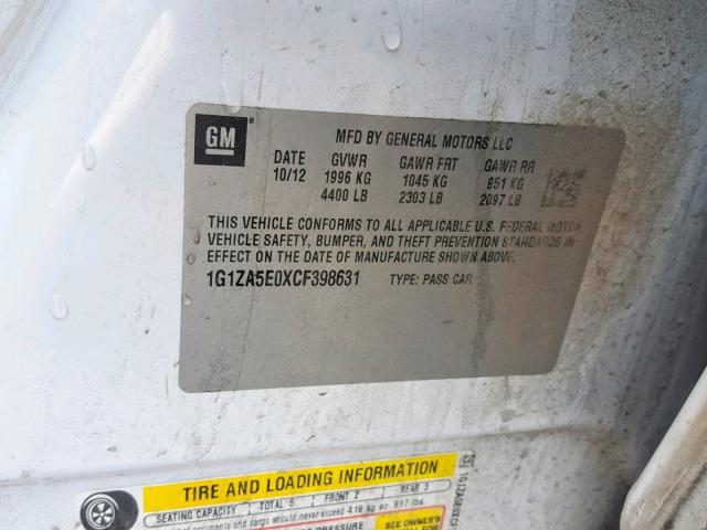 1G1ZA5E0XCF398631 - 2012 CHEVROLET MALIBU LS WHITE photo 10