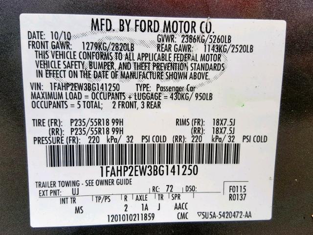 1FAHP2EW3BG141250 - 2011 FORD TAURUS SEL GRAY photo 10